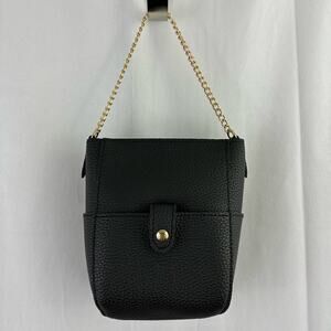 Small Faux Leather Black Bucket Bag Purse w/ Gold Chain